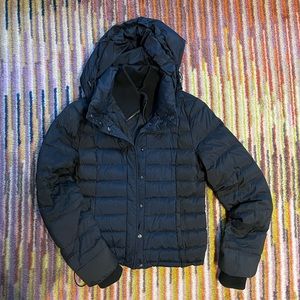 Down Theory x Uniqlo quilted puffer black and navy bomber jacket with hood
